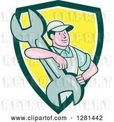 Vector Clip Art of Retro Cartoon Male Mechanic with His Arm Around a Giant Wrench in a Green White and Yellow Shield by Patrimonio