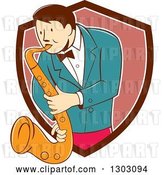 Vector Clip Art of Retro Cartoon Male Musician Playing a Saxophone and Emerging from a Brown White and Pink Shield by Patrimonio
