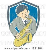 Vector Clip Art of Retro Cartoon Male Musician Playing a Saxophone and Emerging from a Gray White and Blue Shield by Patrimonio