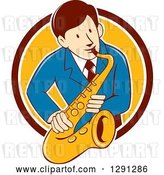 Vector Clip Art of Retro Cartoon Male Musician Playing a Saxophone and Emerging from a Maroon White and Yellow Circle by Patrimonio