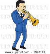 Vector Clip Art of Retro Cartoon Male Musician Playing a Trumpet and Wearing a Blue Suit by Patrimonio