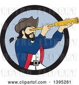 Vector Clip Art of Retro Cartoon Male Pirate Captain Viewing Through a Spyglass, Emerging from a Black and Blue Circle by Patrimonio