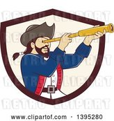 Vector Clip Art of Retro Cartoon Male Pirate Captain Viewing Through a Spyglass, Emerging from a Brown and Beige Shield by Patrimonio