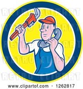 Vector Clip Art of Retro Cartoon Male Plumber Holding a Monkey Wrench and Taking a Call in a Circle by Patrimonio