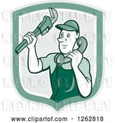 Vector Clip Art of Retro Cartoon Male Plumber Holding a Monkey Wrench and Taking a Call in a Green Shield by Patrimonio