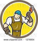 Vector Clip Art of Retro Cartoon Male Plumber Holding a Monkey Wrench in a Brown White and Yellow Circle by Patrimonio