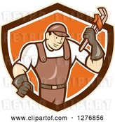 Vector Clip Art of Retro Cartoon Male Plumber Holding a Monkey Wrench in a Tan Brown White and Orange Shield by Patrimonio
