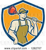 Vector Clip Art of Retro Cartoon Male Plumber Holding a Plunger over His Shoulder in a Blue White and Orange Shield by Patrimonio