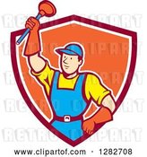 Vector Clip Art of Retro Cartoon Male Plumber Holding up a Plunger in a Red White and Orange Shield by Patrimonio