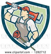 Vector Clip Art of Retro Cartoon Male Plumber with a Giant Monkey Wrench and a Plunger in a Blue White and Green Shield by Patrimonio