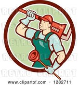 Vector Clip Art of Retro Cartoon Male Plumber with a Giant Monkey Wrench and a Plunger in a Brown White and Green Circle by Patrimonio