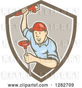 Vector Clip Art of Retro Cartoon Male Plumber with a Monkey Wrench and a Plunger in a Brown and White Shield by Patrimonio