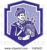 Vector Clip Art of Retro Cartoon Male Scotsman Bagpiper in a Blue Shield by Patrimonio