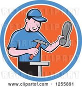 Vector Clip Art of Retro Cartoon Male Shoe Maker Cobbler Working in a Blue White and Orange Circle by Patrimonio