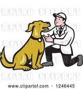 Vector Clip Art of Retro Cartoon Male Veterinarian Kneeling and Looking at a Dog by Patrimonio