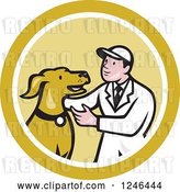 Vector Clip Art of Retro Cartoon Male Veterinarian Kneeling and Looking at a Dog in a Circle by Patrimonio