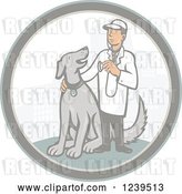 Vector Clip Art of Retro Cartoon Male Veterinarian with a Dog in a City Circle by Patrimonio