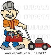 Vector Clip Art of Retro Cartoon Male White Handyman with a Tool Box and Lawn Mower by Andy Nortnik