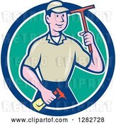 Vector Clip Art of Retro Cartoon Male Window Washer Holding a Spray Bottle and Squeegee in a Blue White and Turquoise Circle by Patrimonio