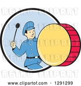 Vector Clip Art of Retro Cartoon Marching Band Drummer Guy Emerging from a Black White and Blue Circle by Patrimonio
