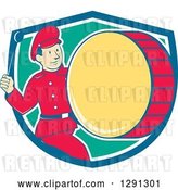 Vector Clip Art of Retro Cartoon Marching Band Drummer Guy Emerging from a Blue White and Turquoise Shield by Patrimonio