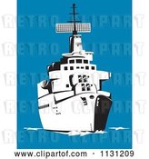 Vector Clip Art of Retro Cartoon Military Battleship at Sea by Patrimonio