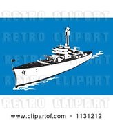 Vector Clip Art of Retro Cartoon Military Battleship with Big Guns at Sea by Patrimonio