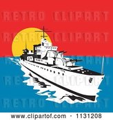 Vector Clip Art of Retro Cartoon Military Battleship with Big Guns at Sunset by Patrimonio