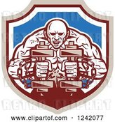 Vector Clip Art of Retro Cartoon Muscular Strongman Working out with Chains and Dumbbells in a Shield by Patrimonio