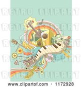 Vector Clip Art of Retro Cartoon Music Background with Instruments and Transportation Doodles on Green by BNP Design Studio