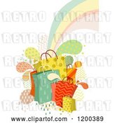 Vector Clip Art of Retro Cartoon Patterned Shopping Bags Splashes and a Rainbow by BNP Design Studio