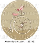 Vector Clip Art of Retro Cartoon Pink Bird on a Penny Farthing Bicycle in a Brown Circle by Yayayoyo