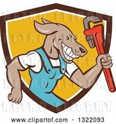 Vector Clip Art of Retro Cartoon Plumber Dog Holding up a Monkey Wrench in a Brown White and Yellow Shield by Patrimonio