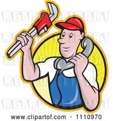 Vector Clip Art of Retro Cartoon Plumber Holding a Monkey Wrench and Taking a Call over a Circle of Rays by Patrimonio