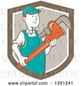 Vector Clip Art of Retro Cartoon Plumber Holding a Monkey Wrench in a Brown Shield by Patrimonio