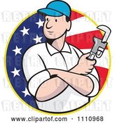 Vector Clip Art of Retro Cartoon Plumber Holding a Monkey Wrench over an American Flag Circle by Patrimonio