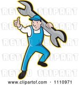 Vector Clip Art of Retro Cartoon Plumber Holding a Thumb up and Carrying a Wrench by Patrimonio