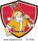 Vector Clip Art of Retro Cartoon Plumber Santa in a Yellow Suit, Holding a Monkey Wrench over His Shoulder in a Brown White and Red Shield by Patrimonio
