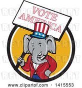 Vector Clip Art of Retro Cartoon Political Republican Elephant Holding a Vote American Sign in a Black White and Yellow Circle by Patrimonio