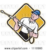 Vector Clip Art of Retro Cartoon Pressure Washer Worker over a Diamond of Rays 2 by Patrimonio