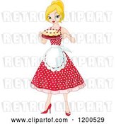 Vector Clip Art of Retro Cartoon Pretty Blond Lady an Apron and Polka Dot Dress, Holding a Cake by Pushkin
