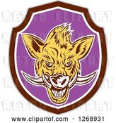 Vector Clip Art of Retro Cartoon Razorback Boar Head in a Brown White and Purple Shield by Patrimonio