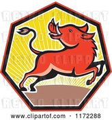 Vector Clip Art of Retro Cartoon Razorback Boar Leaping and Looking Back in a Sunset Heptagon by Patrimonio