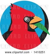 Vector Clip Art of Retro Cartoon Red Cardinal Bird with a Blade of Grass in His Mouth, in a Black and Blue Circle by Patrimonio