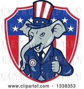 Vector Clip Art of Retro Cartoon Republican GOP Party Elephant Uncle Sam Giving a Thumb up and Emerging from an American Shield by Patrimonio