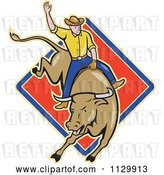 Vector Clip Art of Retro Cartoon Rodeo Cowboy on a Bucking Bull over a Diamond by Patrimonio