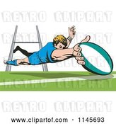 Vector Clip Art of Retro Cartoon Rugby Player Diving 1 by Patrimonio