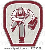 Vector Clip Art of Retro Cartoon Running Handy Guy with a Wrench and Tool Box in a Shield by Patrimonio