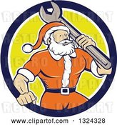 Vector Clip Art of Retro Cartoon Santa Claus Mechanic with a Giant Wrench in a Blue White and Yellow Circle by Patrimonio