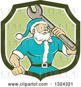 Vector Clip Art of Retro Cartoon Santa Claus Mechanic with a Giant Wrench in a Green and White Shield by Patrimonio